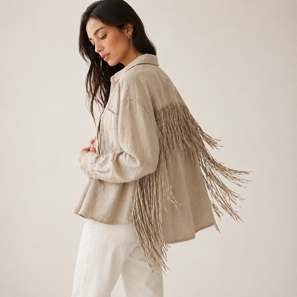 And The Why Beige Fringe Snap Shacket L Western Coastal Cowgirl Festival